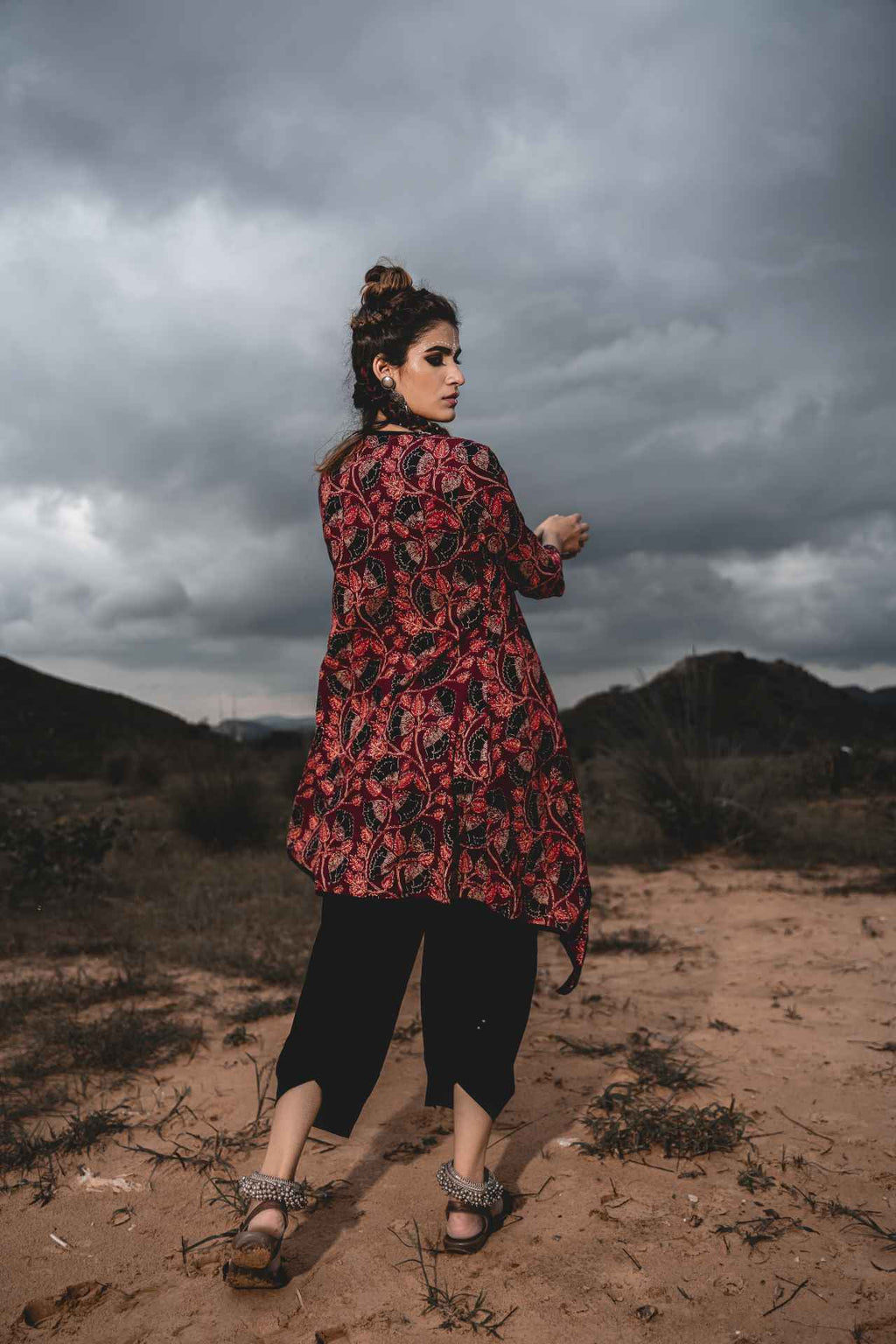 Black Cotton Top With Maroon Hand Block Printed Jacket And Pants - Set Of 3 by Keva with Black, Block Prints, Co-ord Sets, Cotton, Natural, Relaxed Fit, Resort Wear, Travel, Travel Co-ords, Wild Child, Womenswear at Kamakhyaa for sustainable fashion