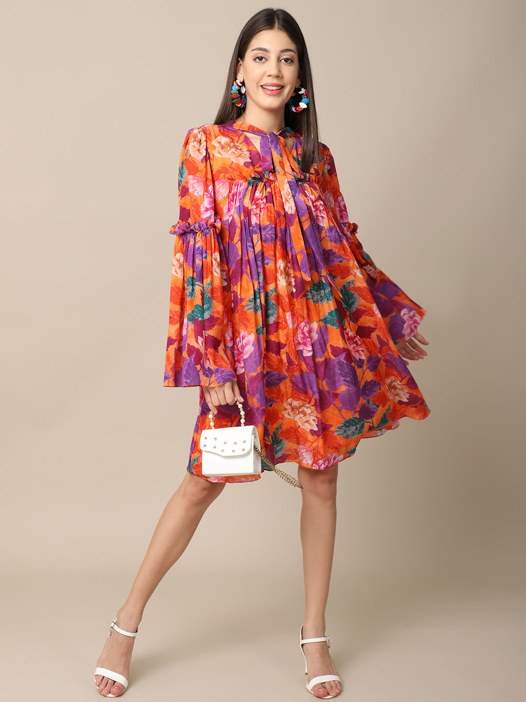 Crepe Orange Printed Flare Dress by Ewoke with Casual Wear, Crepe, Festive 23, For Her, Mini Dresses, Natural with azo free dyes, Orange, Prints, Relaxed Fit, Womenswear at Kamakhyaa for sustainable fashion