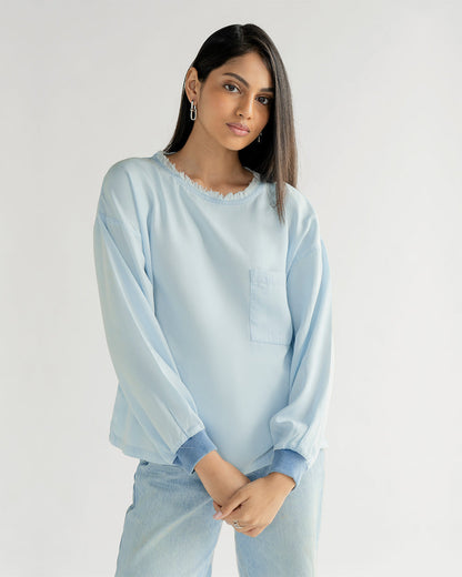 Blue Boxy Fit Top by Reistor with Blouses, Blue, Casual Wear, Denim, Denim Restored by Reistor, Natural, Relaxed Fit, Solids, Tencel, Tops, Womenswear at Kamakhyaa for sustainable fashion