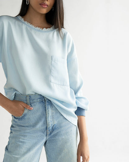 Blue Boxy Fit Top by Reistor with Blouses, Blue, Casual Wear, Denim, Denim Restored by Reistor, Natural, Relaxed Fit, Solids, Tencel, Tops, Womenswear at Kamakhyaa for sustainable fashion