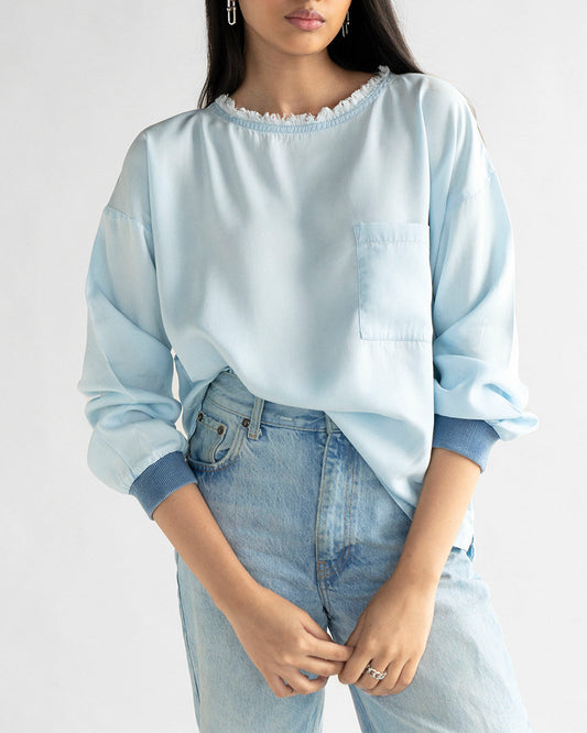 Blue Boxy Fit Top by Reistor with Blouses, Blue, Casual Wear, Denim, Denim Restored by Reistor, Natural, Relaxed Fit, Solids, Tencel, Tops, Womenswear at Kamakhyaa for sustainable fashion