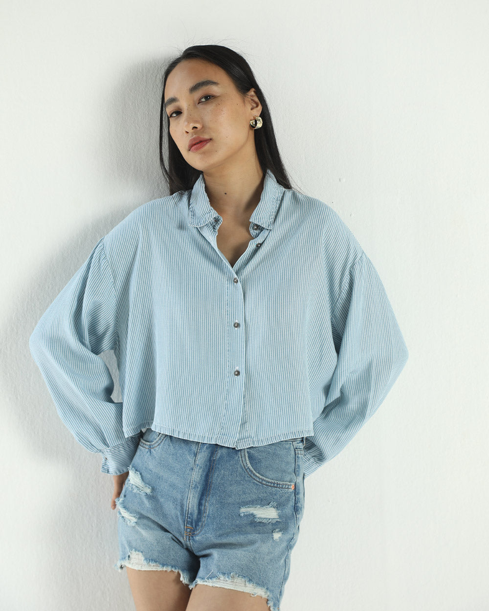 Blue Denim Striped Shirt by Reistor with A Summer Situation by Reistor, Bemberg, Blue, Casual Wear, Natural, Regular Fit, Shirts, Solids, Tencel, Tops, Womenswear at Kamakhyaa for sustainable fashion