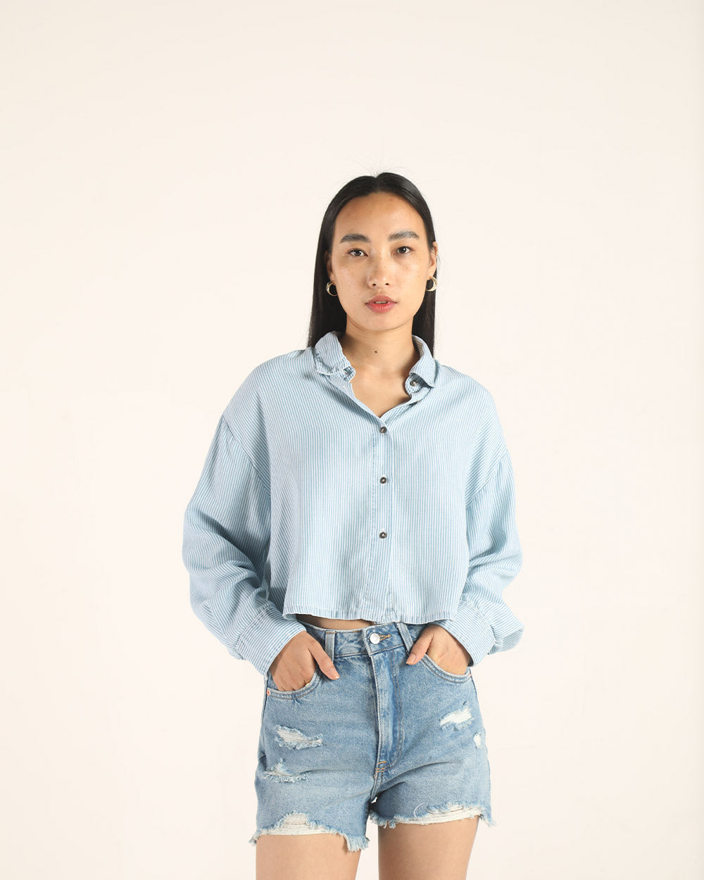 Blue Denim Striped Shirt by Reistor with A Summer Situation by Reistor, Bemberg, Blue, Casual Wear, Natural, Regular Fit, Shirts, Solids, Tencel, Tops, Womenswear at Kamakhyaa for sustainable fashion