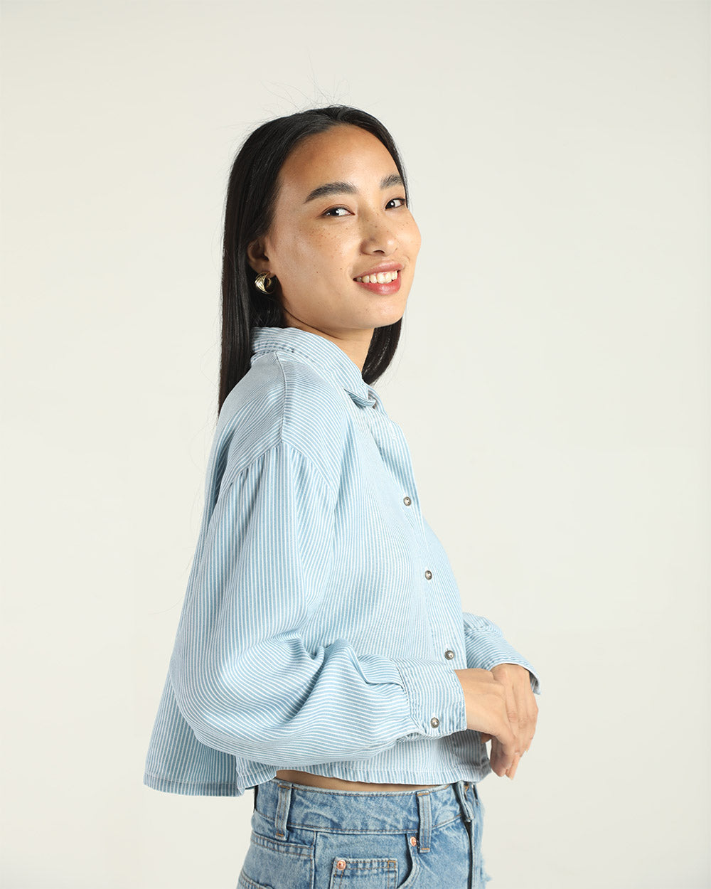 Blue Denim Striped Shirt by Reistor with A Summer Situation by Reistor, Bemberg, Blue, Casual Wear, Natural, Regular Fit, Shirts, Solids, Tencel, Tops, Womenswear at Kamakhyaa for sustainable fashion