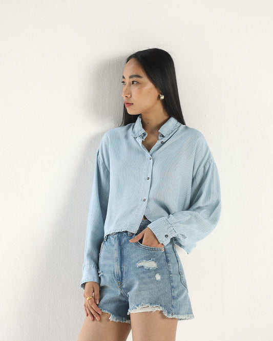 Blue Denim Striped Shirt by Reistor with A Summer Situation by Reistor, Bemberg, Blue, Casual Wear, Natural, Regular Fit, Shirts, Solids, Tencel, Tops, Womenswear at Kamakhyaa for sustainable fashion