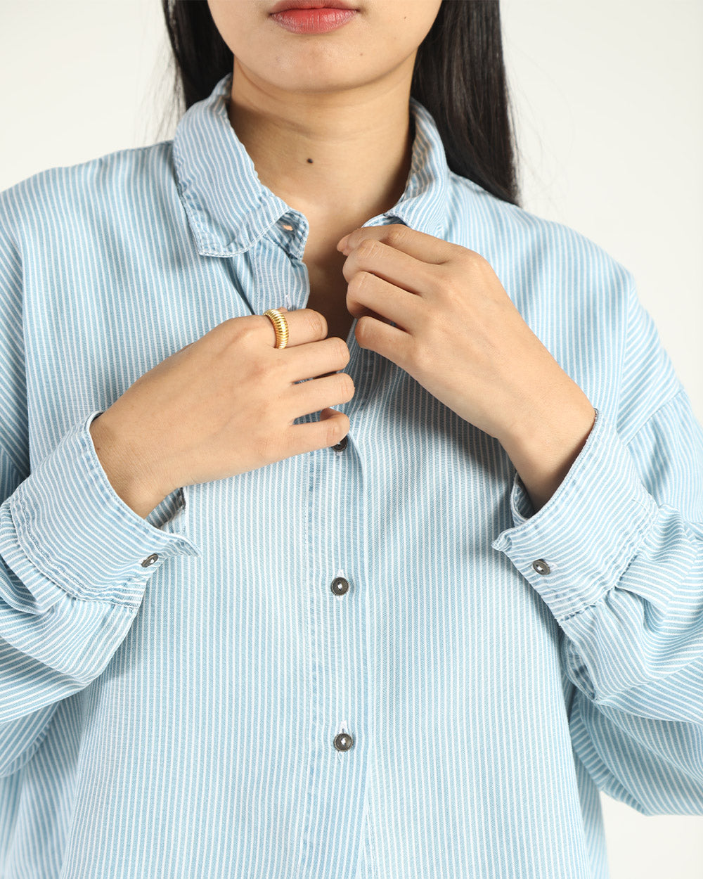 Blue Denim Striped Shirt by Reistor with A Summer Situation by Reistor, Bemberg, Blue, Casual Wear, Natural, Regular Fit, Shirts, Solids, Tencel, Tops, Womenswear at Kamakhyaa for sustainable fashion