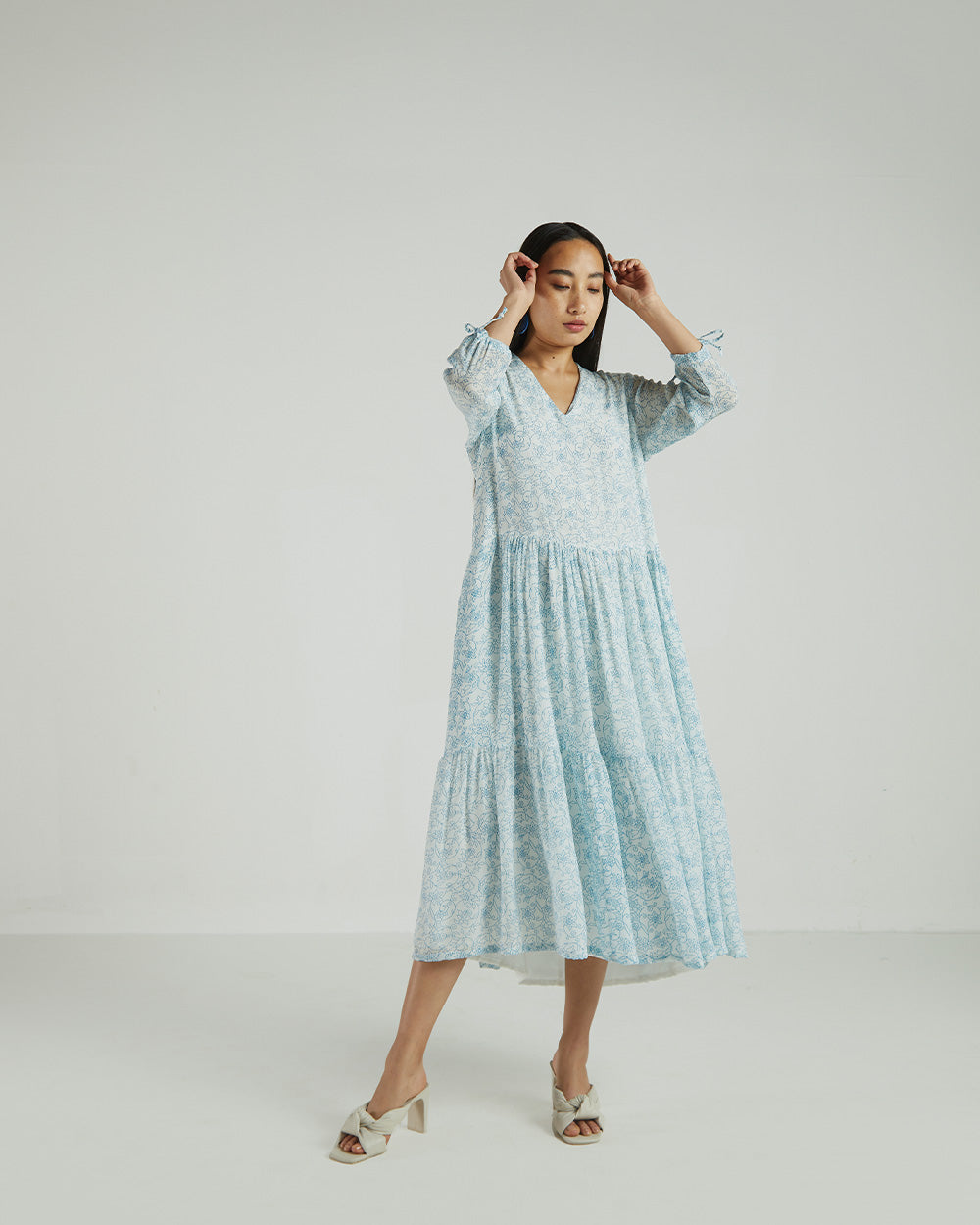 Blue Floral Midi Dress by Reistor with A Summer Situation by Reistor, Bemberg, Blue, Casual Wear, FB ADS JUNE, Midi Dresses, Natural, Printed Selfsame, Prints, Regular Fit, Tiered Dresses, Womenswear at Kamakhyaa for sustainable fashion