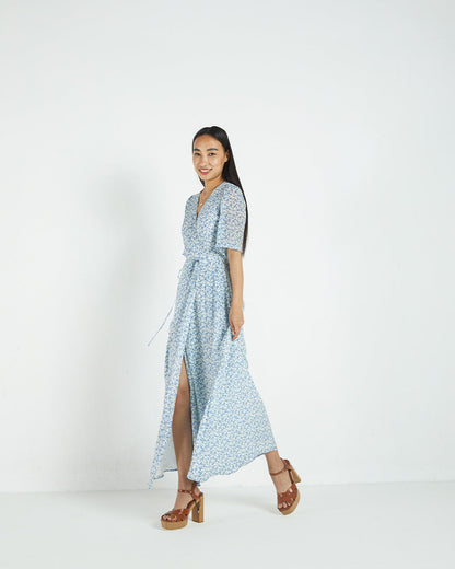 Blue Floral Wrap Dress by Reistor with A Summer Situation by Reistor, Bemberg, Blue, Casual Wear, FB ADS JUNE, For Daughter, Natural, Printed Selfsame, Prints, Regular Fit, Womenswear, Wrap Dresses at Kamakhyaa for sustainable fashion