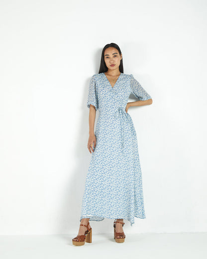 Blue Floral Wrap Dress by Reistor with A Summer Situation by Reistor, Bemberg, Blue, Casual Wear, FB ADS JUNE, For Daughter, Natural, Printed Selfsame, Prints, Regular Fit, Womenswear, Wrap Dresses at Kamakhyaa for sustainable fashion