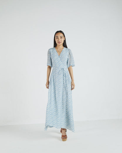 Blue Floral Wrap Dress by Reistor with A Summer Situation by Reistor, Bemberg, Blue, Casual Wear, FB ADS JUNE, For Daughter, Natural, Printed Selfsame, Prints, Regular Fit, Womenswear, Wrap Dresses at Kamakhyaa for sustainable fashion