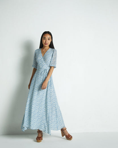 Blue Floral Wrap Dress by Reistor with A Summer Situation by Reistor, Bemberg, Blue, Casual Wear, FB ADS JUNE, For Daughter, Natural, Printed Selfsame, Prints, Regular Fit, Womenswear, Wrap Dresses at Kamakhyaa for sustainable fashion