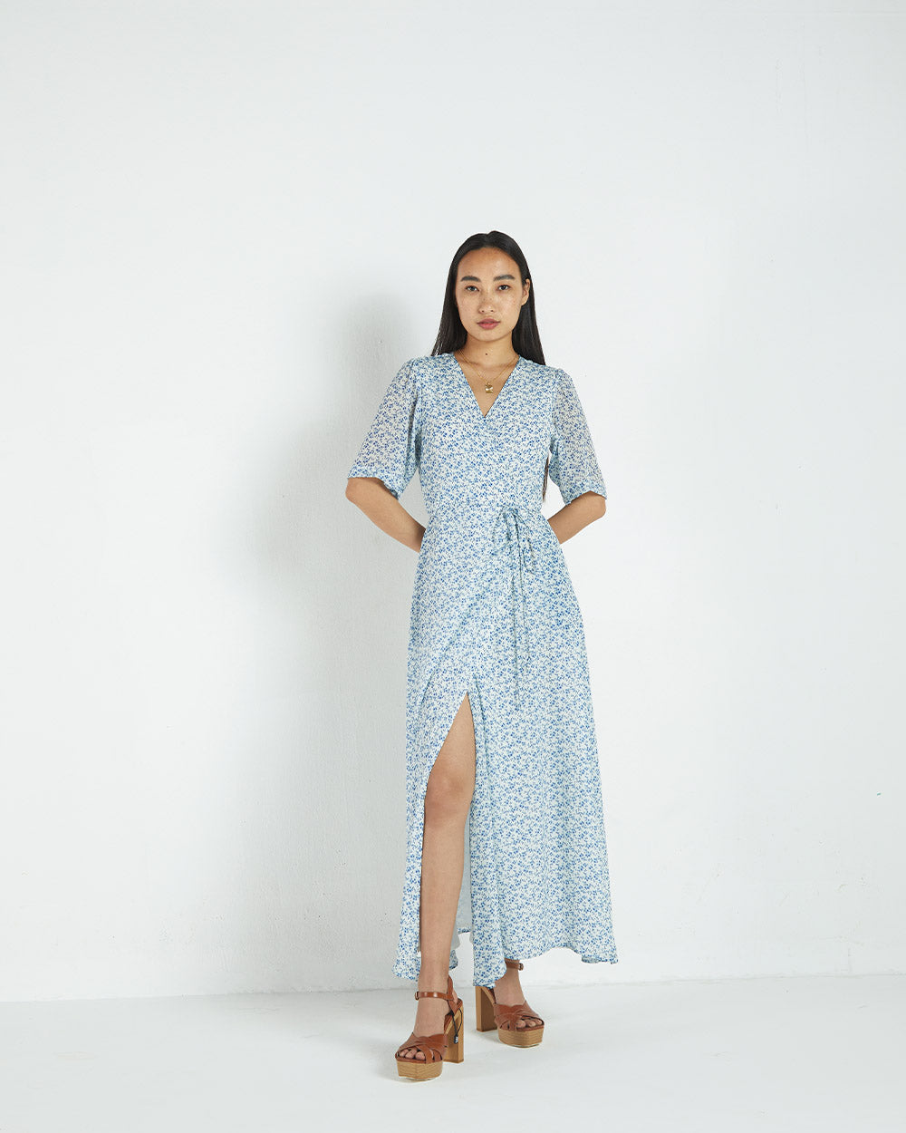 Blue Floral Wrap Dress by Reistor with A Summer Situation by Reistor, Bemberg, Blue, Casual Wear, FB ADS JUNE, For Daughter, Natural, Printed Selfsame, Prints, Regular Fit, Womenswear, Wrap Dresses at Kamakhyaa for sustainable fashion