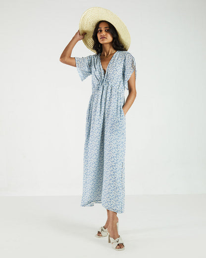 Blue Flowy Dress by Reistor with A Summer Situation by Reistor, Bemberg, Best Selling, Blue, Casual Wear, Midi Dresses, Natural, Prints, Regular Fit, Womenswear at Kamakhyaa for sustainable fashion