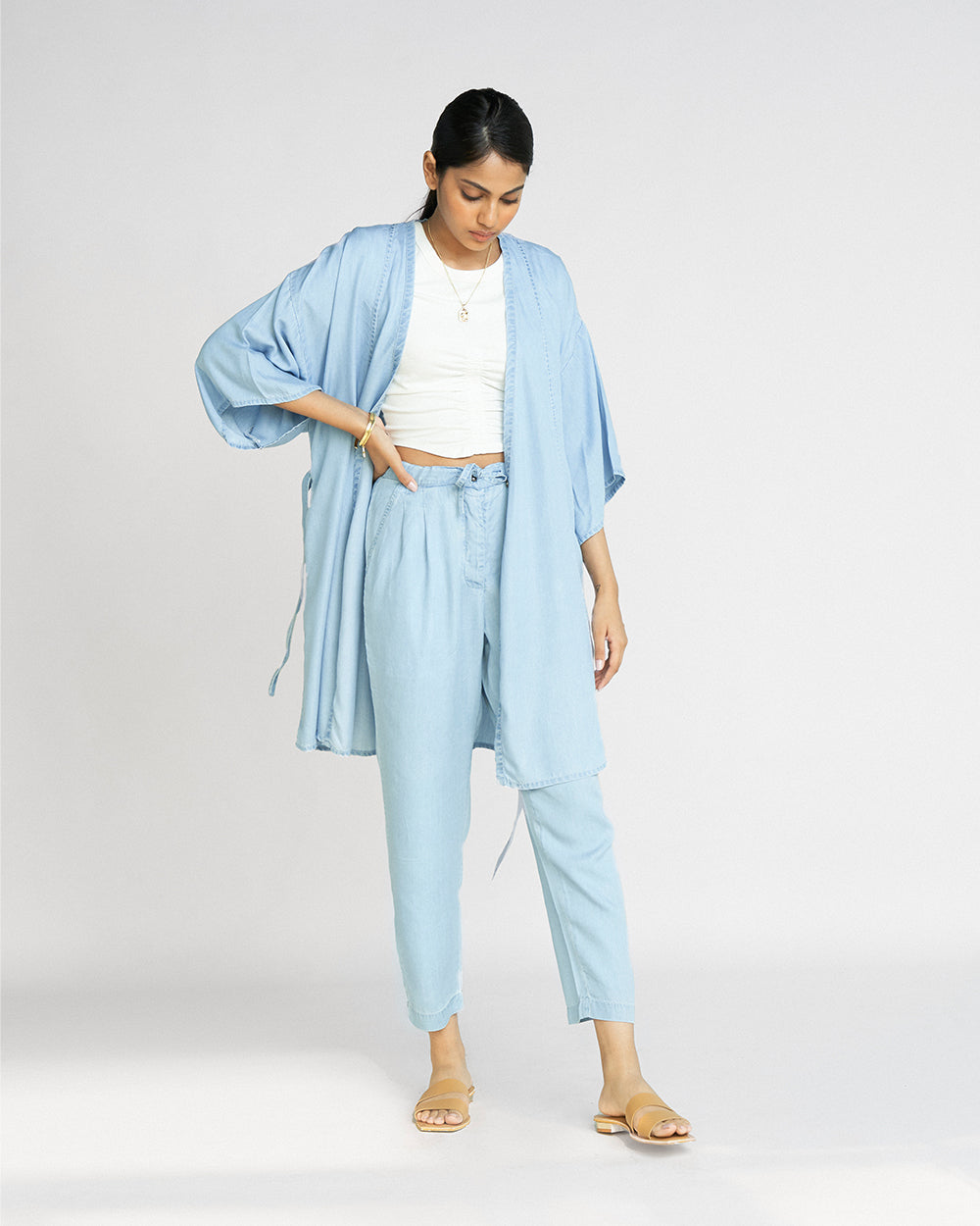 Blue Kimono Overlay by Reistor with Blue, Casual Wear, Denim, Denim Restored by Reistor, Natural, Overlays, Relaxed Fit, Shrugs, Solids, Tencel, Womenswear at Kamakhyaa for sustainable fashion