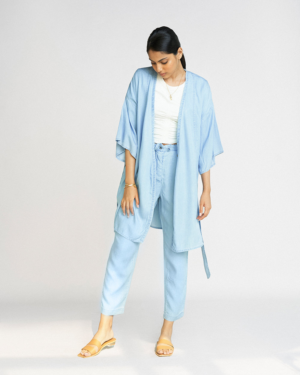 Blue Kimono Overlay by Reistor with Blue, Casual Wear, Denim, Denim Restored by Reistor, Natural, Overlays, Relaxed Fit, Shrugs, Solids, Tencel, Womenswear at Kamakhyaa for sustainable fashion