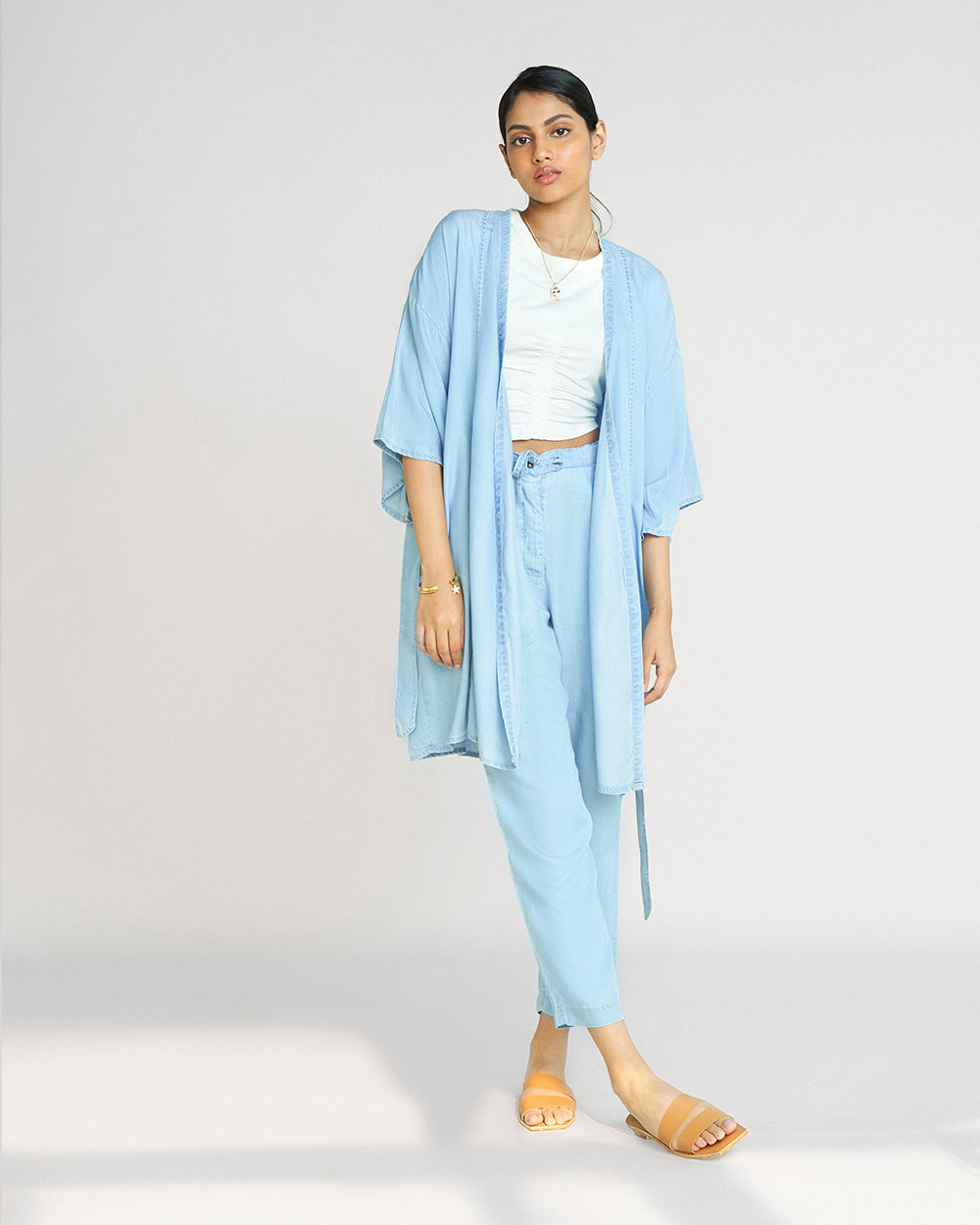 Blue Kimono Overlay by Reistor with Blue, Casual Wear, Denim, Denim Restored by Reistor, Natural, Overlays, Relaxed Fit, Shrugs, Solids, Tencel, Womenswear at Kamakhyaa for sustainable fashion