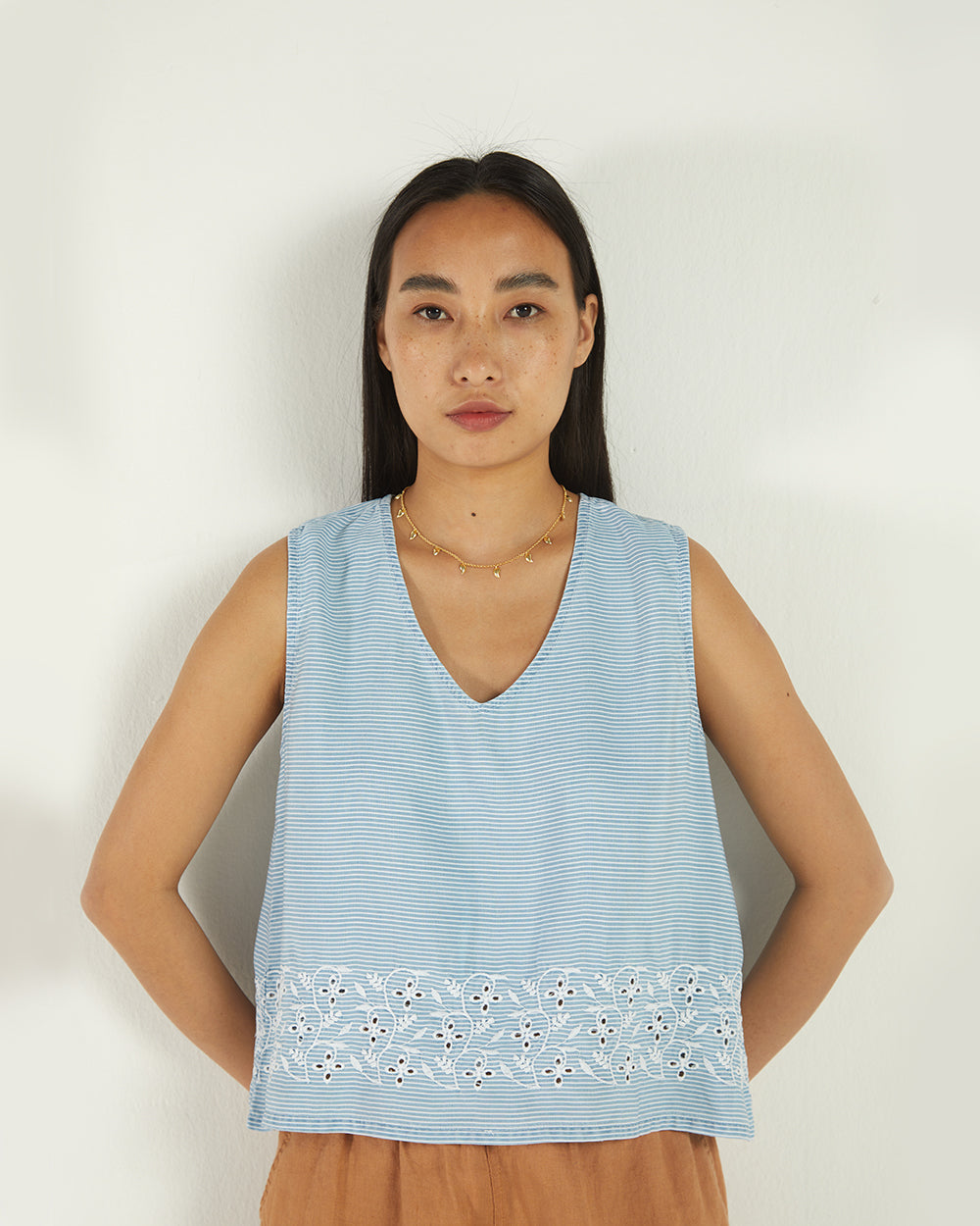 Blue Sleeveless Top by Reistor with A Summer Situation by Reistor, Archived, Bemberg, Casual Wear, Natural, Regular Fit, Stripes, Tencel, Tops, Tunic Tops, Womenswear at Kamakhyaa for sustainable fashion