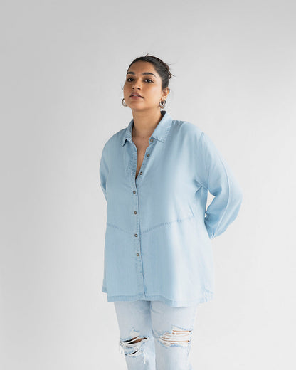 Blue Tencel Classic Shirt by Reistor with Archived, Blue, Denim, Denim Restored by Reistor, Natural, Office Wear, Regular Fit, Shirts, Solids, Tencel, Tops, Womenswear at Kamakhyaa for sustainable fashion