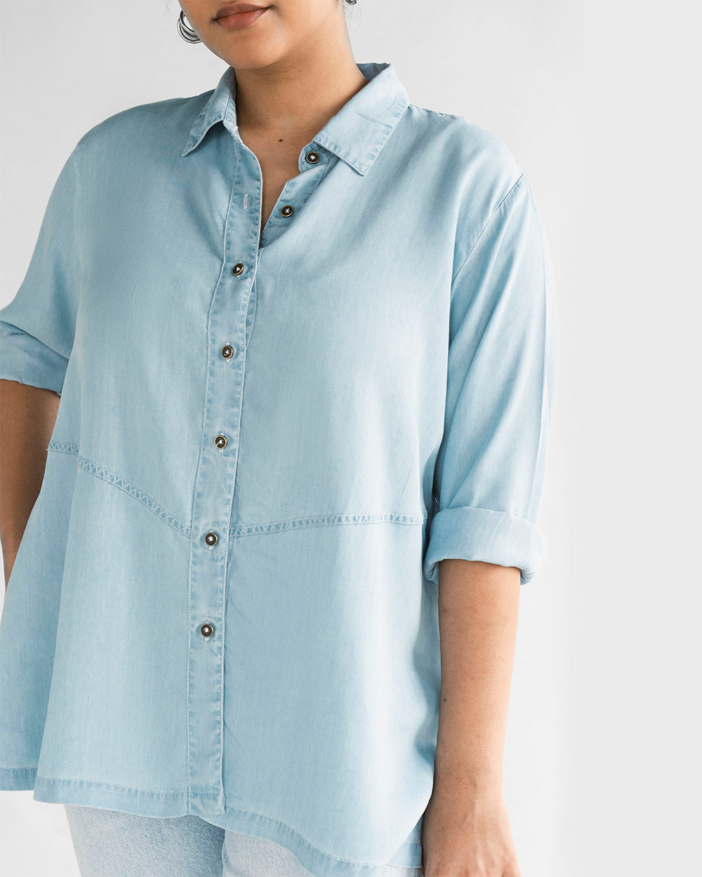 Blue Tencel Classic Shirt by Reistor with Archived, Blue, Denim, Denim Restored by Reistor, Natural, Office Wear, Regular Fit, Shirts, Solids, Tencel, Tops, Womenswear at Kamakhyaa for sustainable fashion