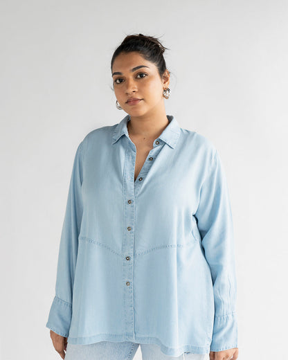 Blue Tencel Classic Shirt by Reistor with Archived, Blue, Denim, Denim Restored by Reistor, Natural, Office Wear, Regular Fit, Shirts, Solids, Tencel, Tops, Womenswear at Kamakhyaa for sustainable fashion