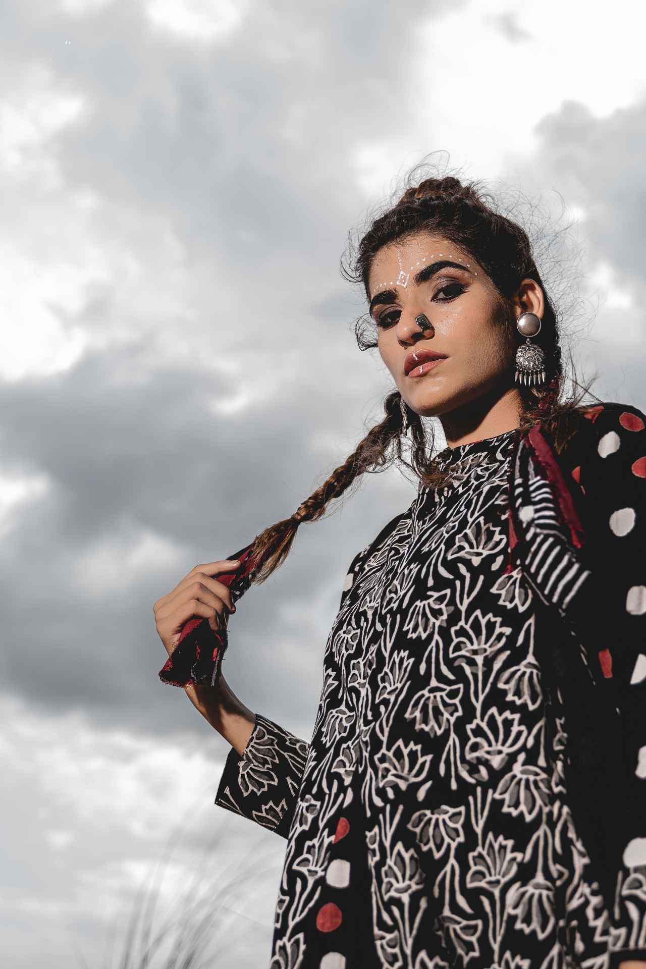 Boho Cowl Block Printed Dress With Short Jacket - Set Of 2 by Keva with Black, Block Prints, Co-ord Sets, Cotton, Dress Sets, Jackets, Midi Dresses, Natural, Relaxed Fit, Resort Wear, Wild Child, Womenswear at Kamakhyaa for sustainable fashion