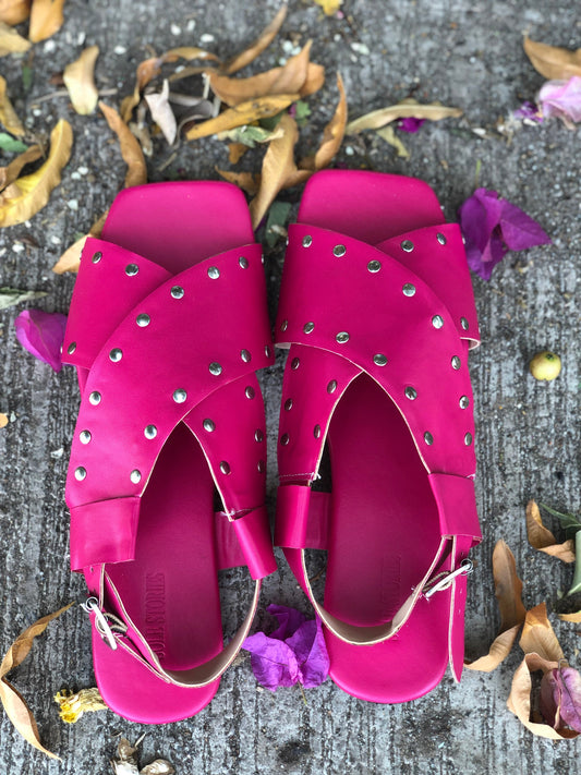 Criss Cross Broad Rivet Sandals in Pink by Sole Stories with Basics Edit- Chapter II, Faux Leather, Handcrafted, Open Toes, Pink, Relaxed Fit, Sandals, Solids, Vegan at Kamakhyaa for sustainable fashion