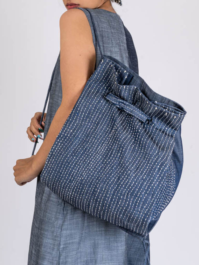 Blue Denim Back Pack by Chambray & Co. with Add Ons, Backpacks, Bags, Blue, Casual Wear, Cotton, Embroidered, Free Size, Natural at Kamakhyaa for sustainable fashion