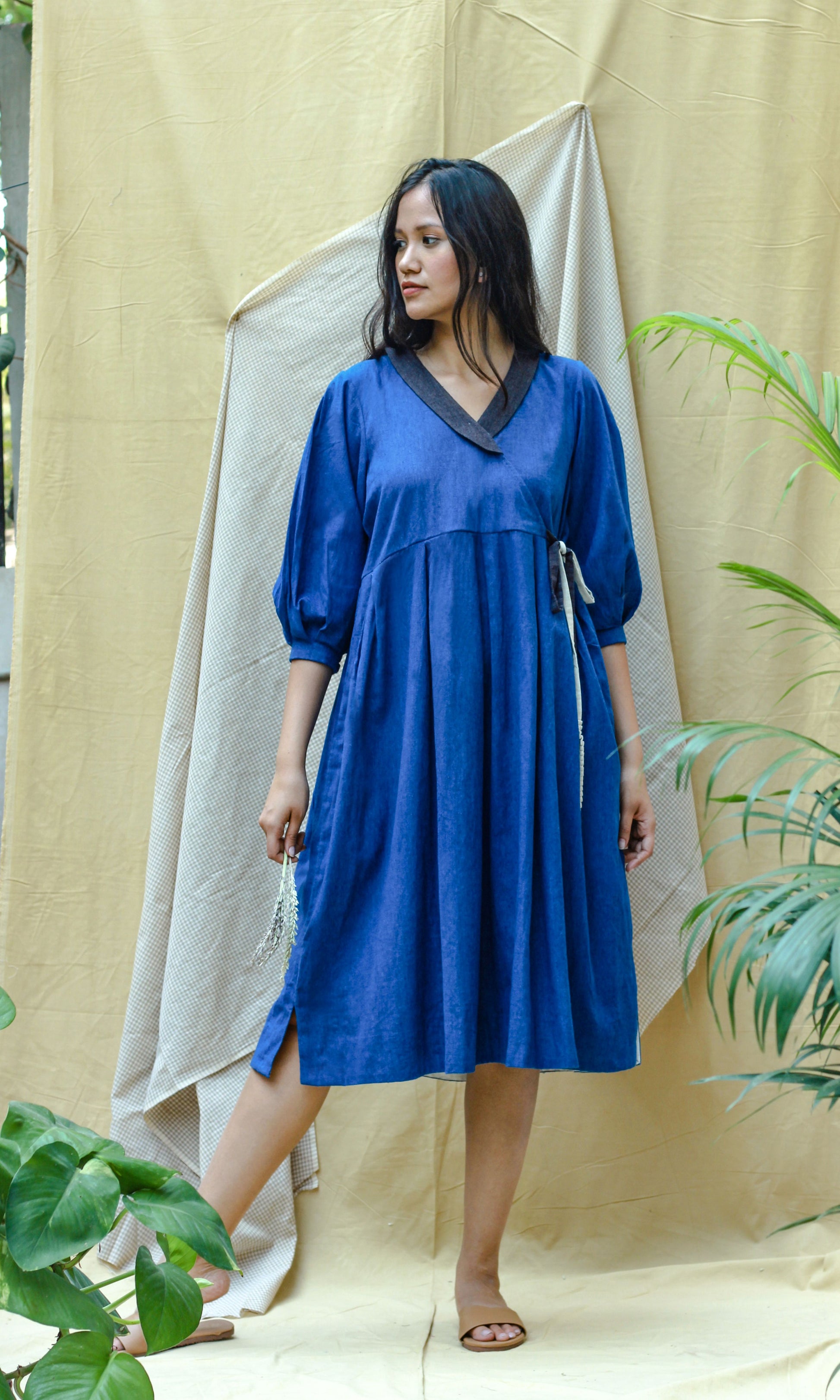 Blue Full Sleeves Midi Dress by Chambray & Co. with Blue, Casual Wear, Hand Spun Cotton, Midi Dresses, Natural, Regular Fit, Render, Render by Chambray & Co., Solids, Womenswear, Wrap Dresses at Kamakhyaa for sustainable fashion