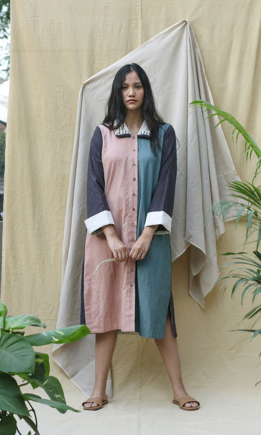 Multicolor Shirt Dress by Chambray & Co. with Casual Wear, Green, Hand Spun Cotton, Natural, Ombre & Dyes, Pink, Regular Fit, Render, Render by Chambray & Co., Shirt Dresses, Shirts, Solid Selfmade, Womenswear at Kamakhyaa for sustainable fashion