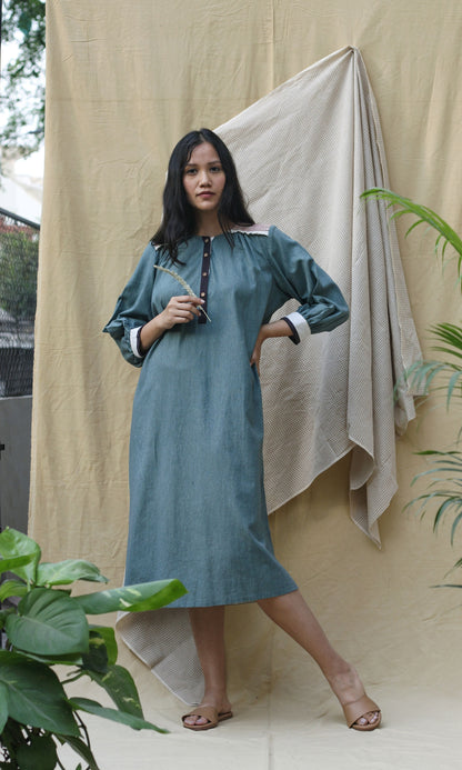 Blue Collar Midi Dress by Chambray & Co. with Casual Wear, Green, Hand Spun Cotton, Midi Dresses, Natural, Pink, Regular Fit, Render, Render by Chambray & Co., Shirt Dresses, Solid Selfmade, Solids, Womenswear at Kamakhyaa for sustainable fashion