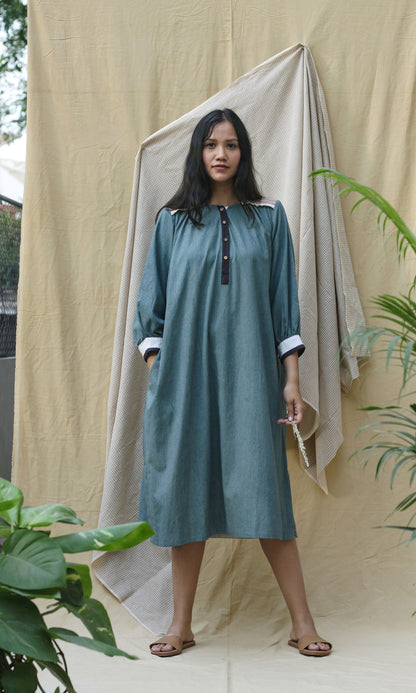 Blue Collar Midi Dress by Chambray & Co. with Casual Wear, Green, Hand Spun Cotton, Midi Dresses, Natural, Pink, Regular Fit, Render, Render by Chambray & Co., Shirt Dresses, Solid Selfmade, Solids, Womenswear at Kamakhyaa for sustainable fashion