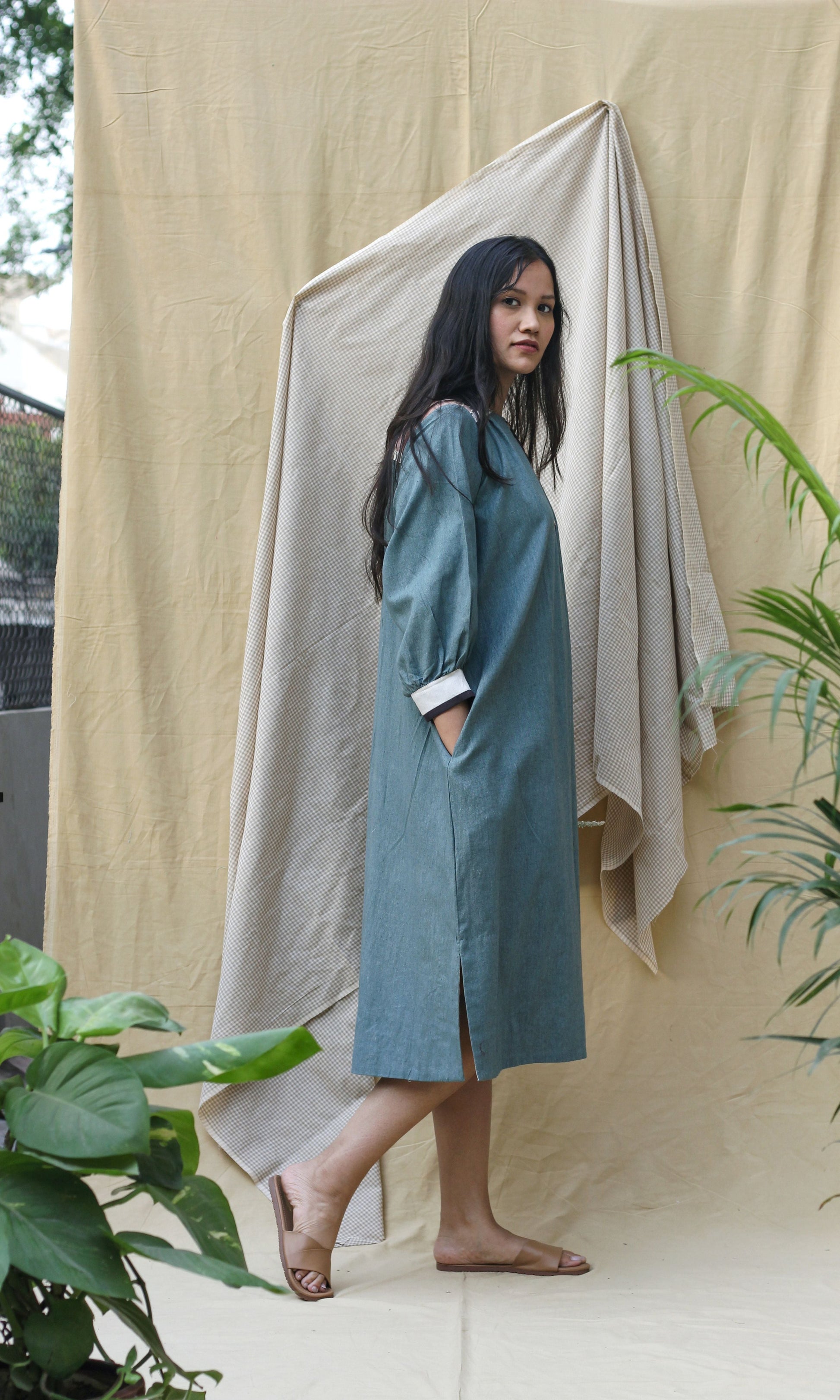 Blue Collar Midi Dress by Chambray & Co. with Casual Wear, Green, Hand Spun Cotton, Midi Dresses, Natural, Pink, Regular Fit, Render, Render by Chambray & Co., Shirt Dresses, Solid Selfmade, Solids, Womenswear at Kamakhyaa for sustainable fashion