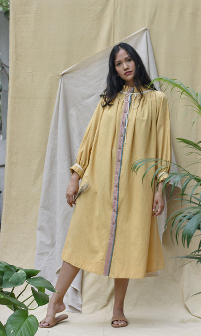 Yellow Full Sleeves Midi Dress by Chambray & Co. with Casual Wear, Hand Spun Cotton, Midi Dresses, Natural, Regular Fit, Render, Render by Chambray & Co., Solids, Womenswear, Yellow at Kamakhyaa for sustainable fashion