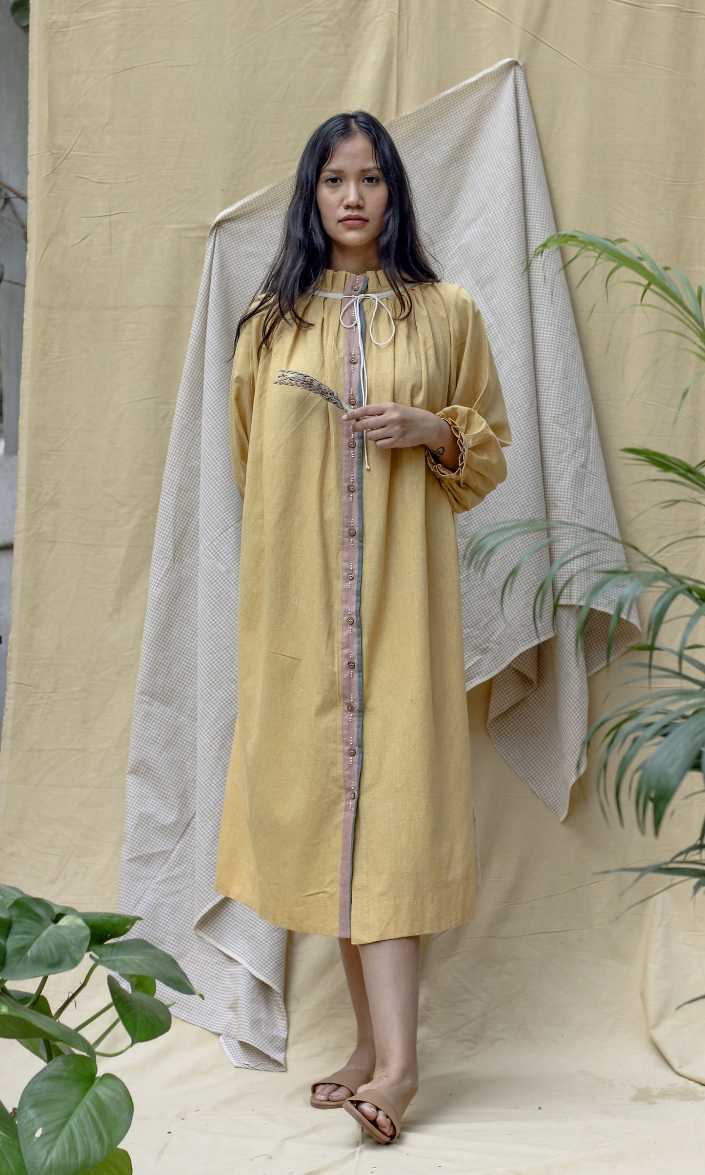 Yellow Full Sleeves Midi Dress by Chambray & Co. with Casual Wear, Hand Spun Cotton, Midi Dresses, Natural, Regular Fit, Render, Render by Chambray & Co., Solids, Womenswear, Yellow at Kamakhyaa for sustainable fashion