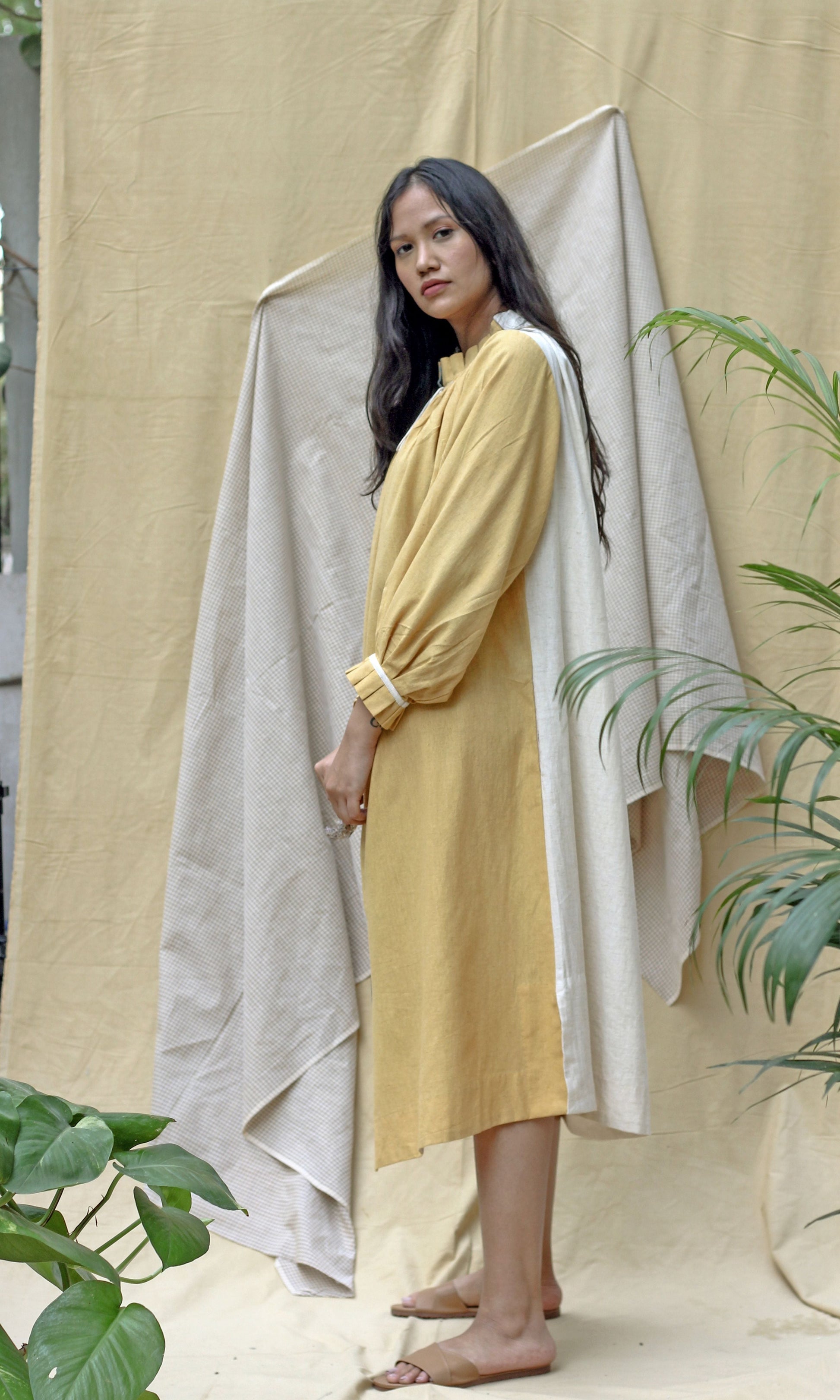 Yellow Full Sleeves Midi Dress by Chambray & Co. with Casual Wear, Hand Spun Cotton, Midi Dresses, Natural, Regular Fit, Render, Render by Chambray & Co., Solids, Womenswear, Yellow at Kamakhyaa for sustainable fashion