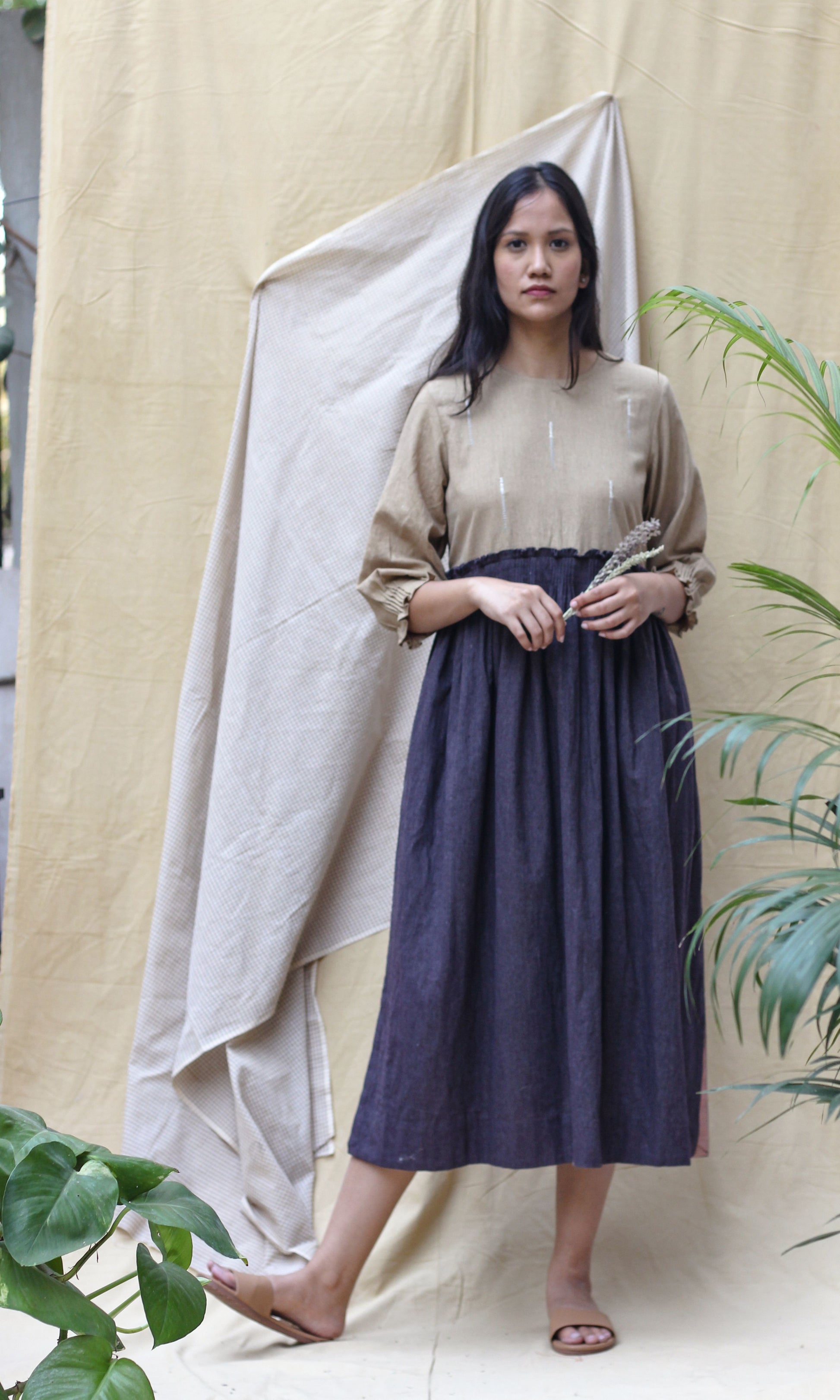 Brown 3/4th Sleeve Midi Dress by Chambray & Co. with Brown, Casual Wear, Hand Spun Cotton, Midi Dresses, Natural, Red, Regular Fit, Render, Render by Chambray & Co., Solids, Womenswear at Kamakhyaa for sustainable fashion