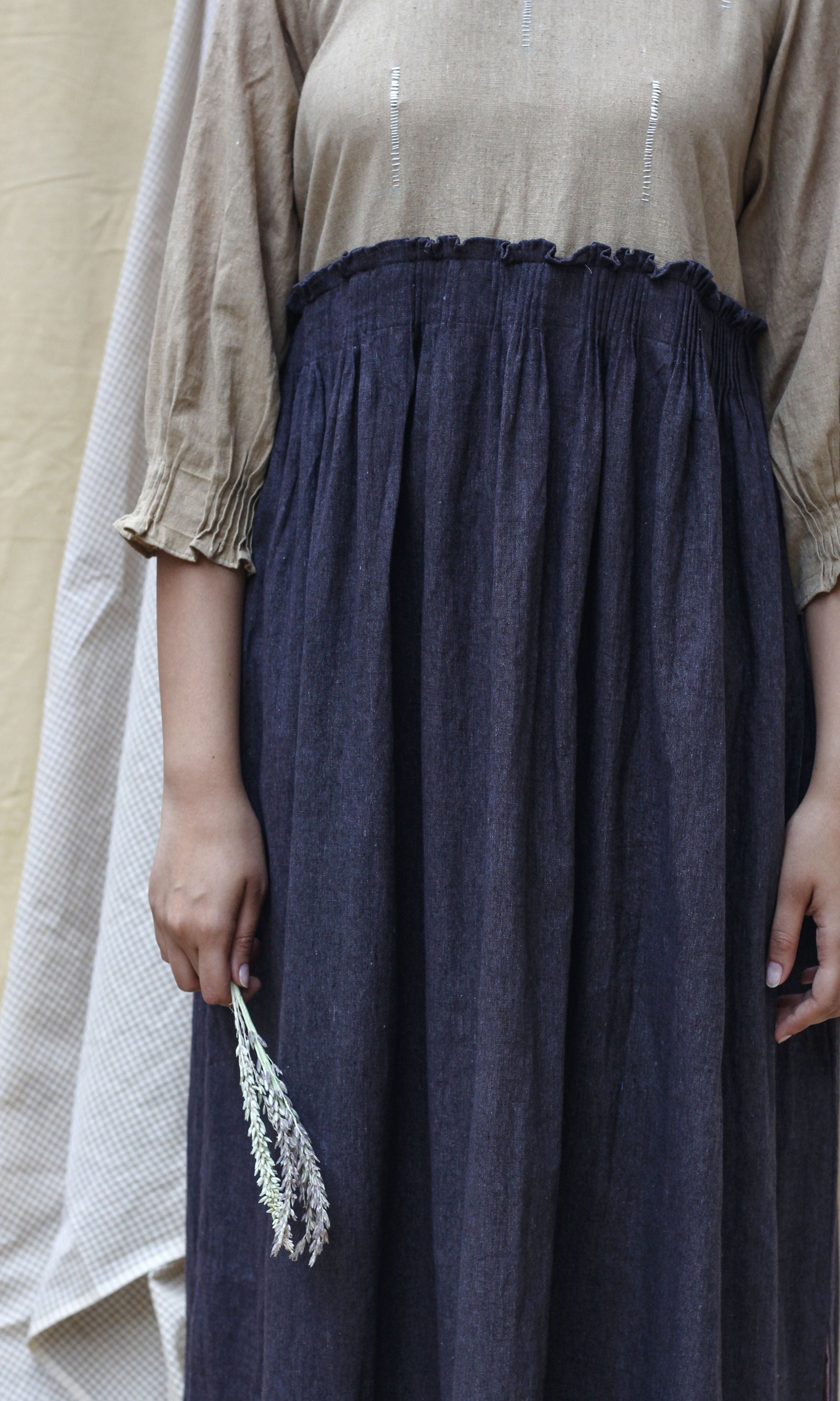 Brown 3/4th Sleeve Midi Dress by Chambray & Co. with Brown, Casual Wear, Hand Spun Cotton, Midi Dresses, Natural, Red, Regular Fit, Render, Render by Chambray & Co., Solids, Womenswear at Kamakhyaa for sustainable fashion