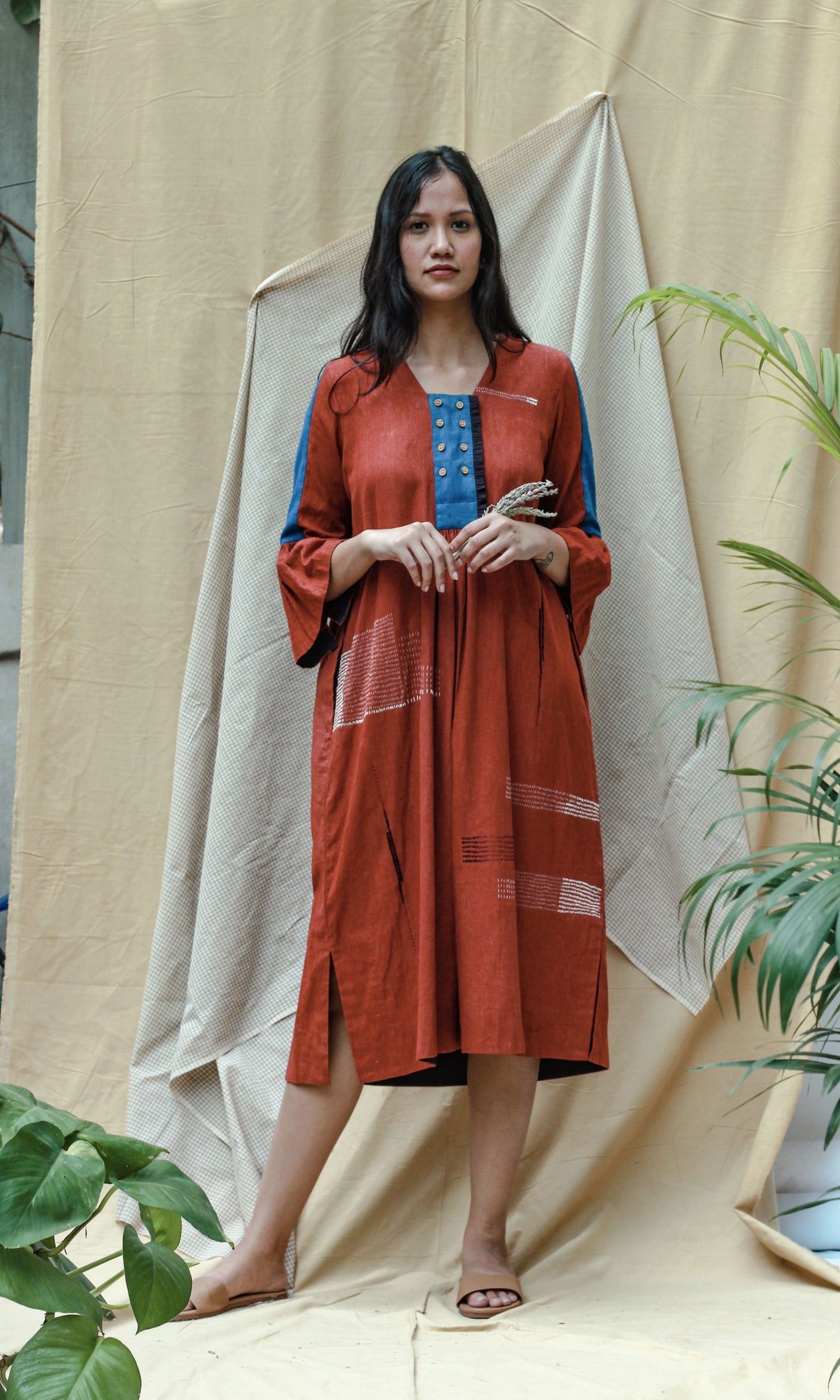 Red 3/4th Sleeves Midi Dress by Chambray & Co. with Casual Wear, Hand Spun Cotton, Midi Dresses, Natural, Red, Regular Fit, Render, Render by Chambray & Co., Solids, Womenswear at Kamakhyaa for sustainable fashion