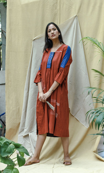 Red 3/4th Sleeves Midi Dress by Chambray & Co. with Casual Wear, Hand Spun Cotton, Midi Dresses, Natural, Red, Regular Fit, Render, Render by Chambray & Co., Solids, Womenswear at Kamakhyaa for sustainable fashion