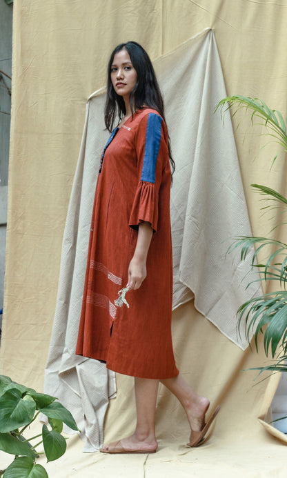 Red 3/4th Sleeves Midi Dress by Chambray & Co. with Casual Wear, Hand Spun Cotton, Midi Dresses, Natural, Red, Regular Fit, Render, Render by Chambray & Co., Solids, Womenswear at Kamakhyaa for sustainable fashion