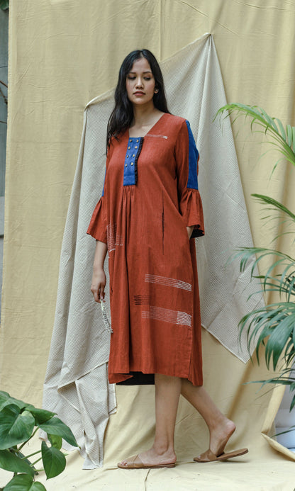 Red 3/4th Sleeves Midi Dress by Chambray & Co. with Casual Wear, Hand Spun Cotton, Midi Dresses, Natural, Red, Regular Fit, Render, Render by Chambray & Co., Solids, Womenswear at Kamakhyaa for sustainable fashion