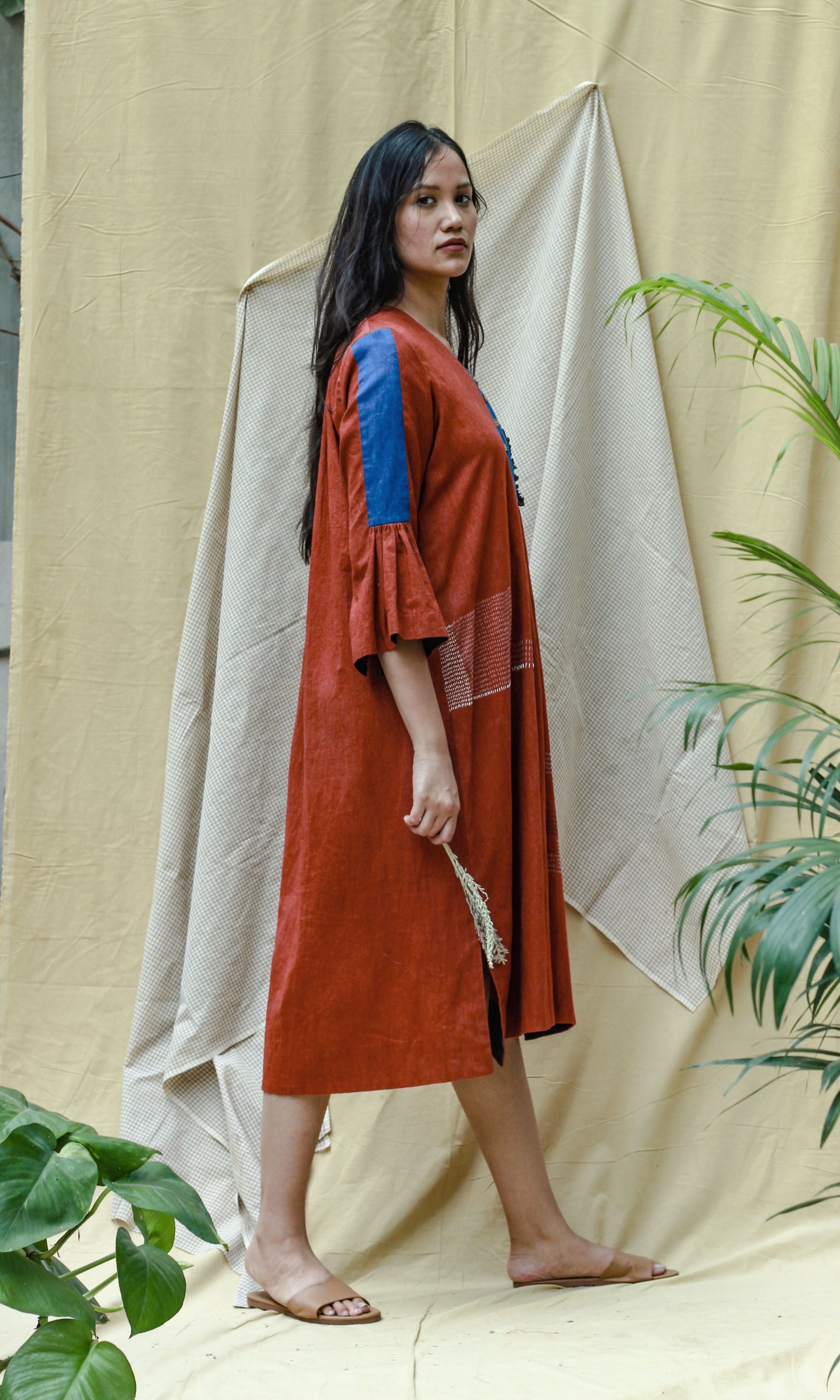 Red 3/4th Sleeves Midi Dress by Chambray & Co. with Casual Wear, Hand Spun Cotton, Midi Dresses, Natural, Red, Regular Fit, Render, Render by Chambray & Co., Solids, Womenswear at Kamakhyaa for sustainable fashion
