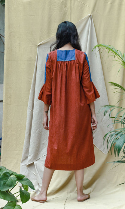 Red 3/4th Sleeves Midi Dress by Chambray & Co. with Casual Wear, Hand Spun Cotton, Midi Dresses, Natural, Red, Regular Fit, Render, Render by Chambray & Co., Solids, Womenswear at Kamakhyaa for sustainable fashion