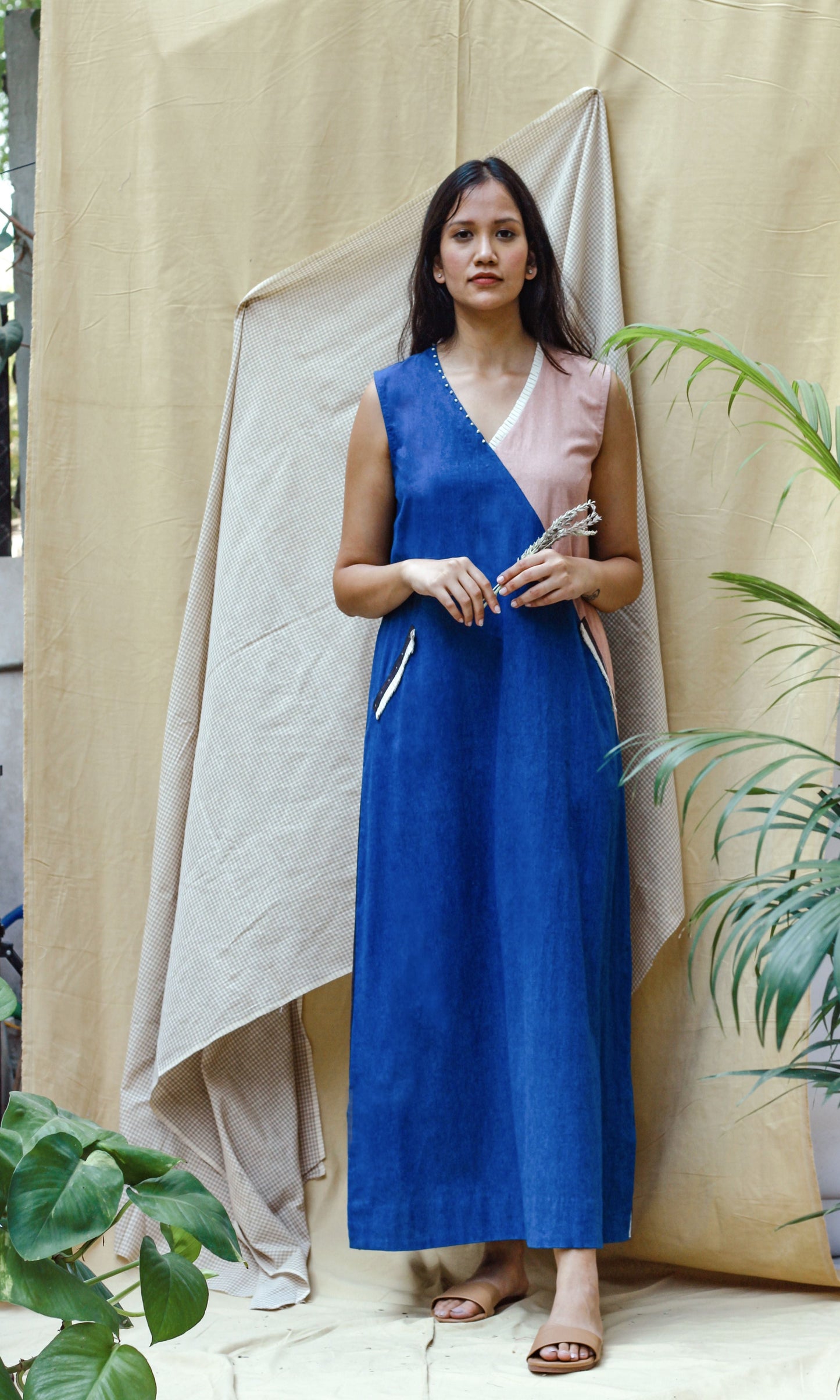 Blue Maxi Dress by Chambray & Co. with Blue, Casual Wear, Hand Spun Cotton, Maxi Dresses, Natural, Pink, Regular Fit, Render, Render by Chambray & Co., Solids, Womenswear at Kamakhyaa for sustainable fashion