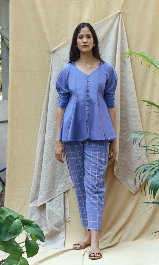 Blue Checks Cord Set by Chambray & Co. with Blue, Casual Wear, Co-ord Sets, Echo, Hand Spun Cotton, Linen, Natural, Regular Fit, Render by Chambray & Co., Solids, Womenswear at Kamakhyaa for sustainable fashion