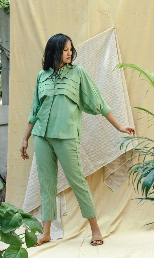 Green Linen Complete Set Casual Wear, Co-ord Sets, Echo, Green, Hand Spun Cotton, Linen, Regular Fit, Solids Kamakhyaa