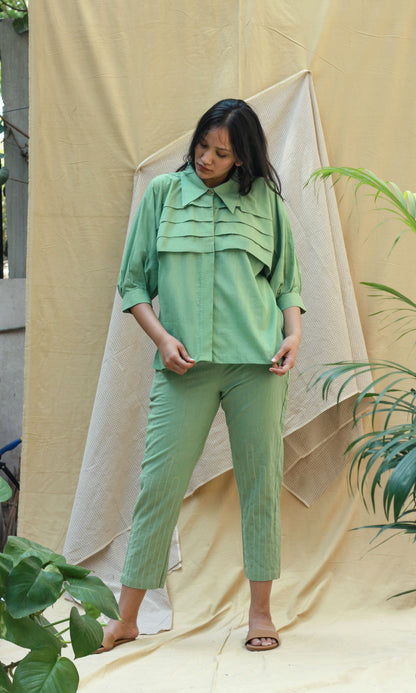 Green Linen Shirt With Pants Complete Set by Chambray & Co. with Casual Wear, Co-ord Sets, Echo, Green, Hand Spun Cotton, Linen, Natural, Office, Office Wear Co-ords, Regular Fit, Render by Chambray & Co., Solids, Womenswear at Kamakhyaa for sustainable fashion