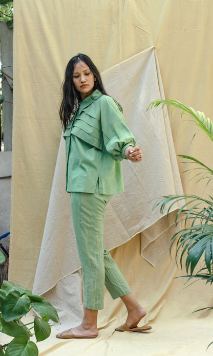 Green Linen Shirt With Pants Complete Set by Chambray & Co. with Casual Wear, Co-ord Sets, Echo, Green, Hand Spun Cotton, Linen, Natural, Office, Office Wear Co-ords, Regular Fit, Render by Chambray & Co., Solids, Womenswear at Kamakhyaa for sustainable fashion