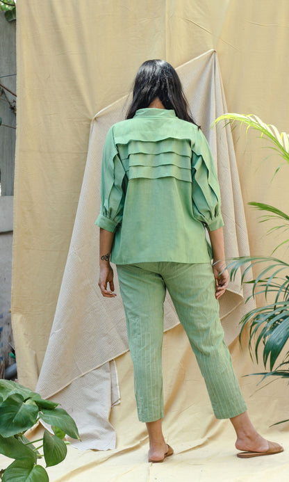 Green Linen Shirt With Pants Complete Set by Chambray & Co. with Casual Wear, Co-ord Sets, Echo, Green, Hand Spun Cotton, Linen, Natural, Office, Office Wear Co-ords, Regular Fit, Render by Chambray & Co., Solids, Womenswear at Kamakhyaa for sustainable fashion