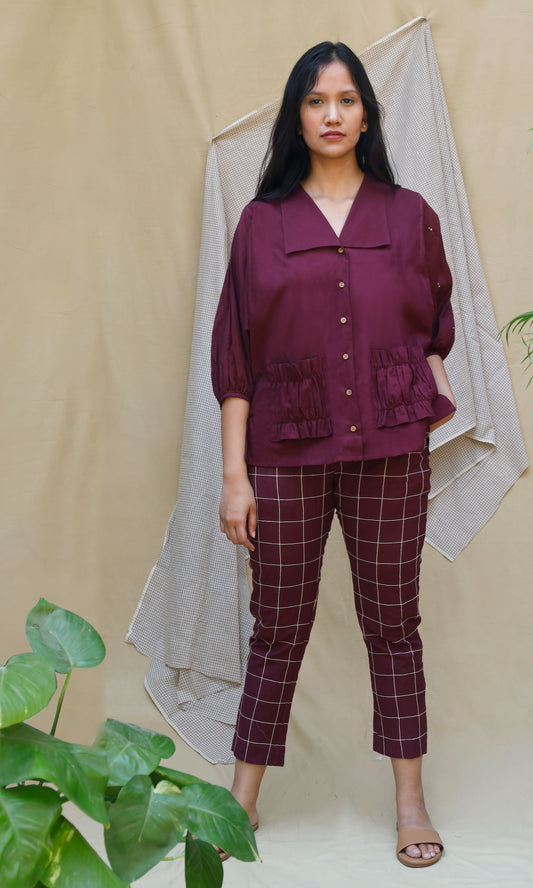 Maroon Collar Checks Complete Set by Chambray & Co. with Casual Wear, Co-ord Sets, Echo, Hand Spun Cotton, Linen, Natural, Purple, Regular Fit, Render by Chambray & Co., Solids, Travel, Travel Co-ords, Womenswear at Kamakhyaa for sustainable fashion